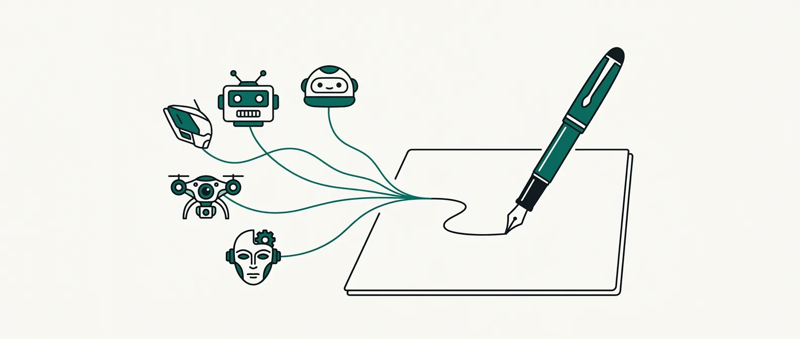 A single fountain pen writes one page, its ink lines fanning out into several threads that each end in a differently shaped robot head.