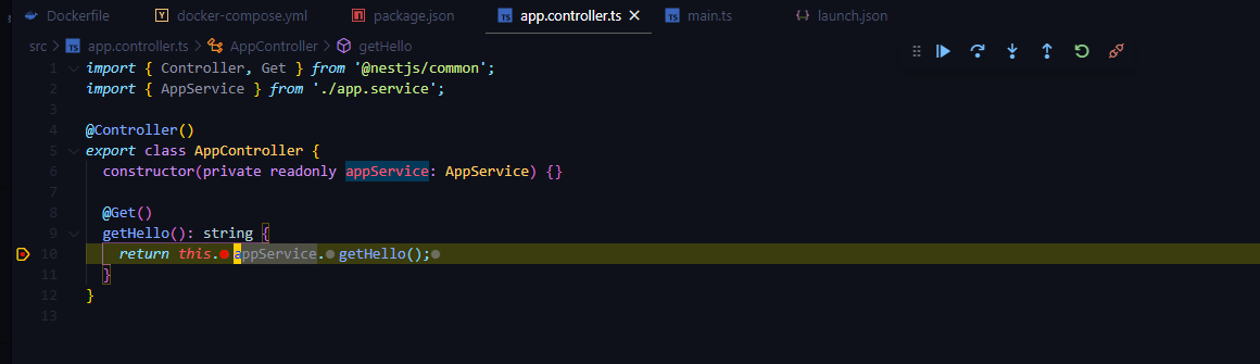 VS Code hitting a breakpoint in the NestJS app running inside the container