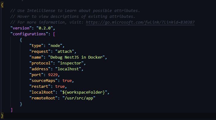 launch.json with a node attach configuration: address 127.0.0.1, port 9229, sourceMaps and restart enabled, localRoot and remoteRoot mapped